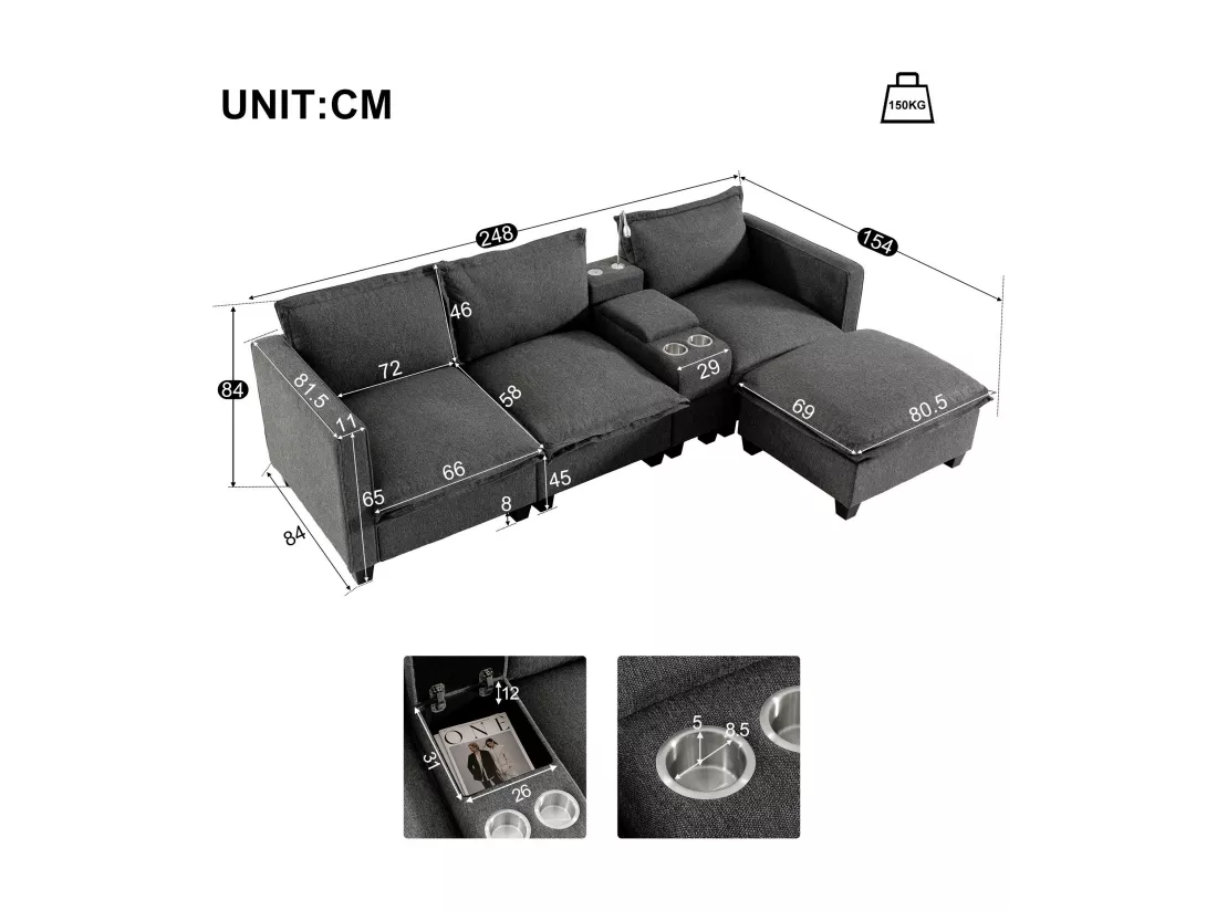 Canapé 3 places en chenille - avec USB et liseuse - avec porte-gobelet et avec repose-pieds - Gris