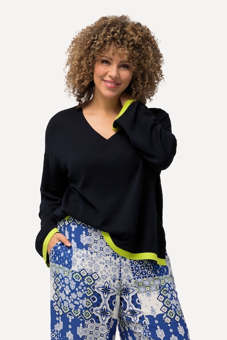 Pullover, farbige Bündchen, V-Ausschnitt, Langarm