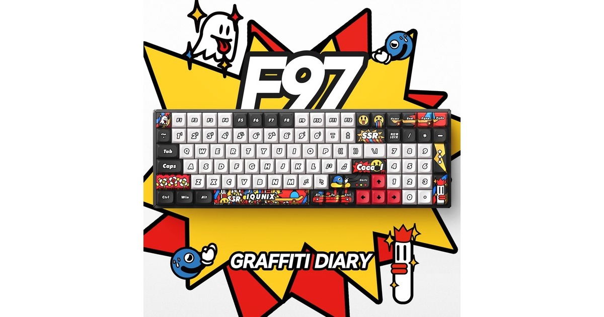 IqunixF97 Graffiti Diary Wireless Mechanical Keyboard, gaming toetsenbord  (Zwart/wit, US lay-out, TTC Gold Pink, RGB leds, 96%, Hot-swappable, PBT, 2.4GHz | Bluetooth 5.1 | USB-C)