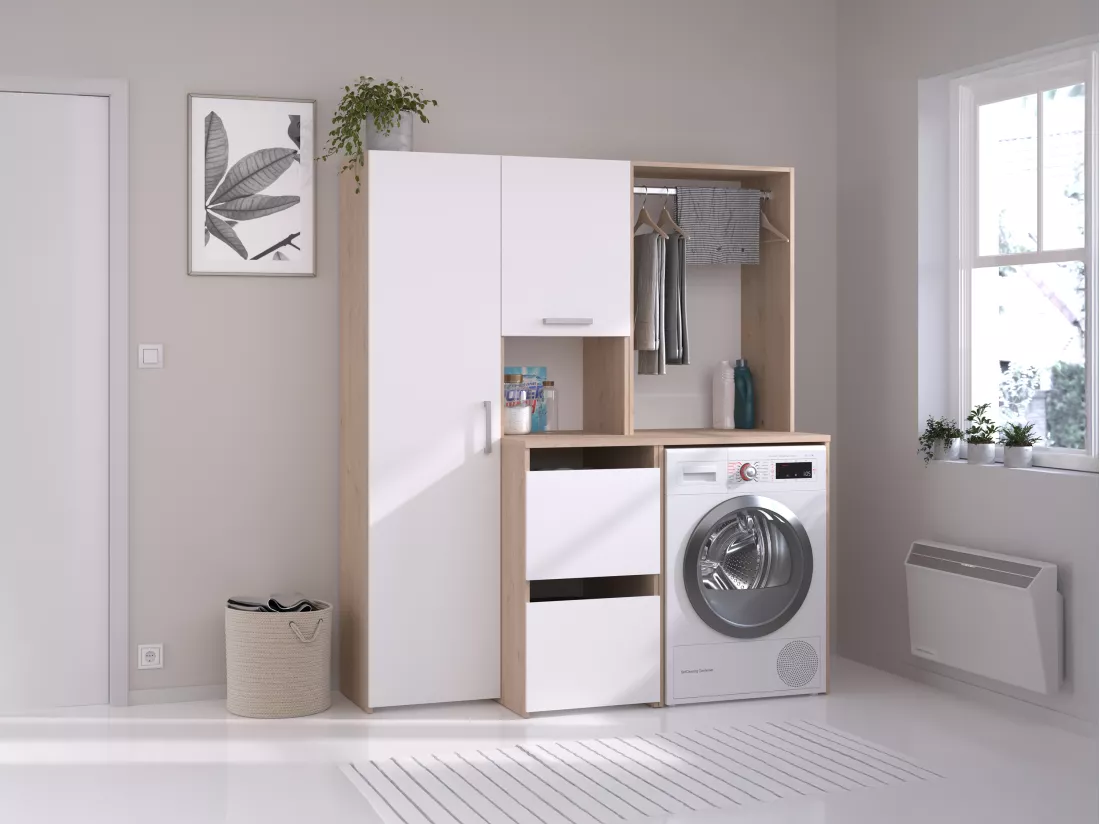 Meuble pour machine à laver avec penderie, placard et colonne de rangement - Naturel clair et blanc - L157 x H184 cm - ERKANO