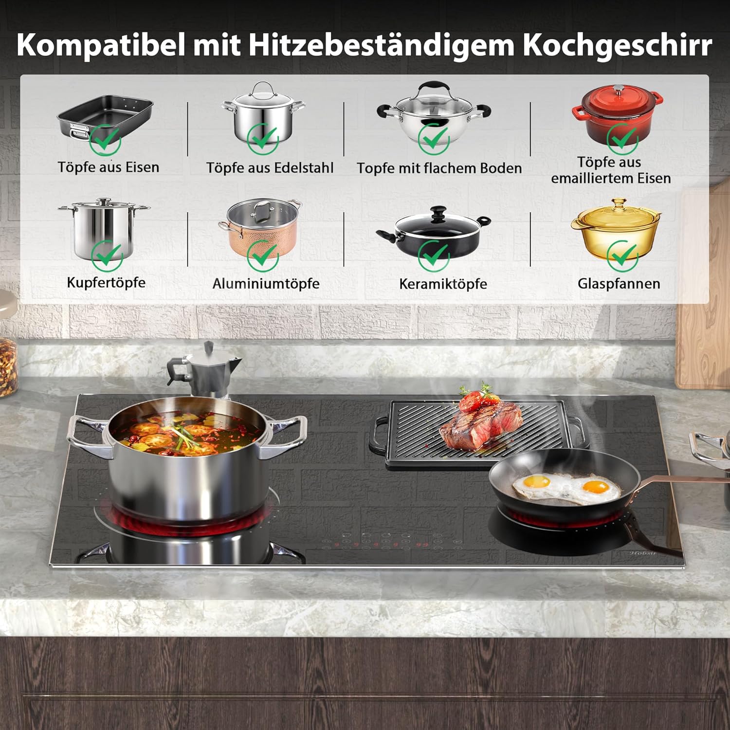 Glaskeramikkochfeld 4 Platten Kochfeld Autark 77 cm Glaskeramikkochfeld, Sensor-touch Control, 6600W, Doppelzone, Ovale Zone, 9 Leistungsstufe, Kindersicherung, Timer, Verkabelt, Kein Stecker
