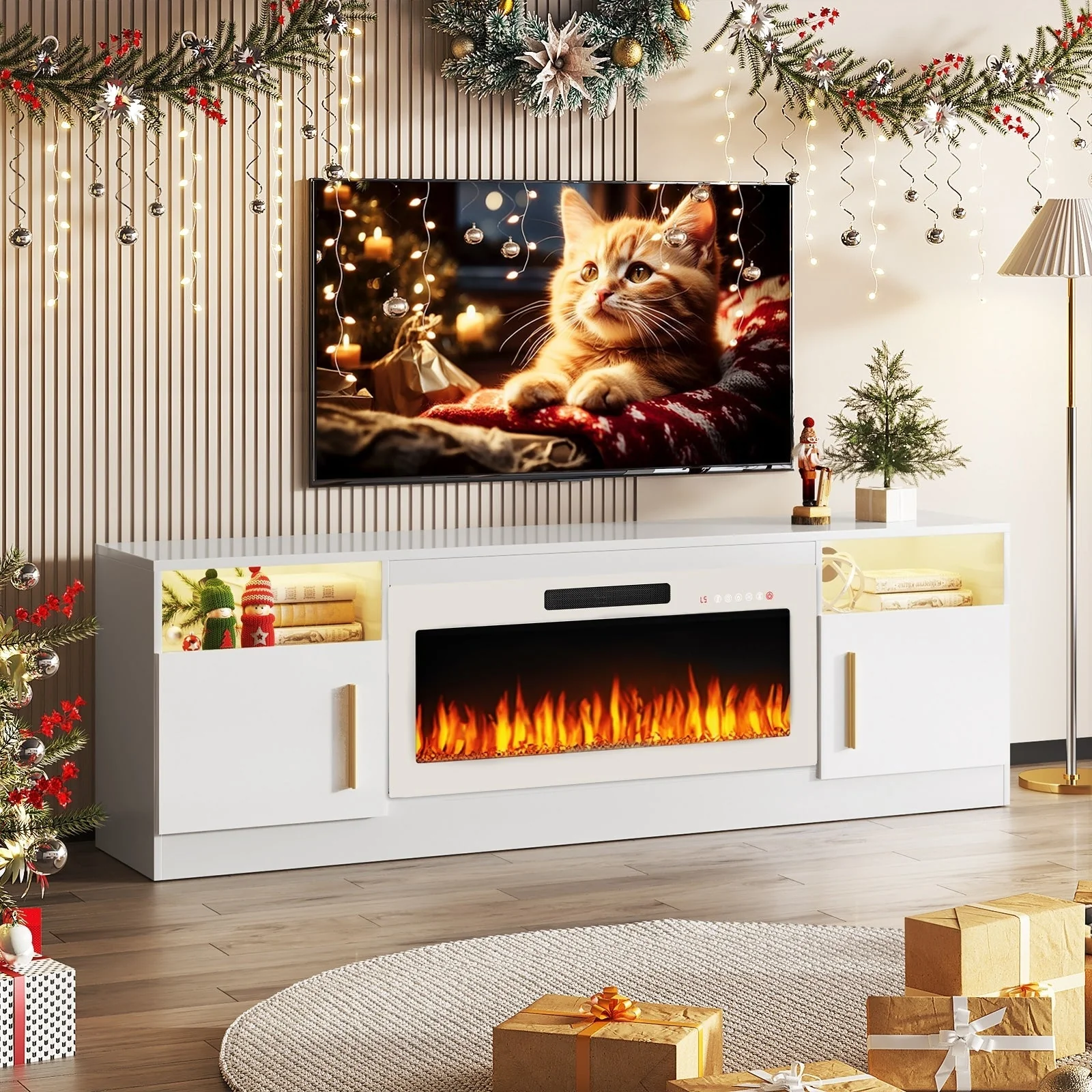 Bossin 70 Fireplace TV Stand with 36 Electric Fireplace, TV Stand for TVs Up to 80, 16 Colors LED Lights/Entertainment Center