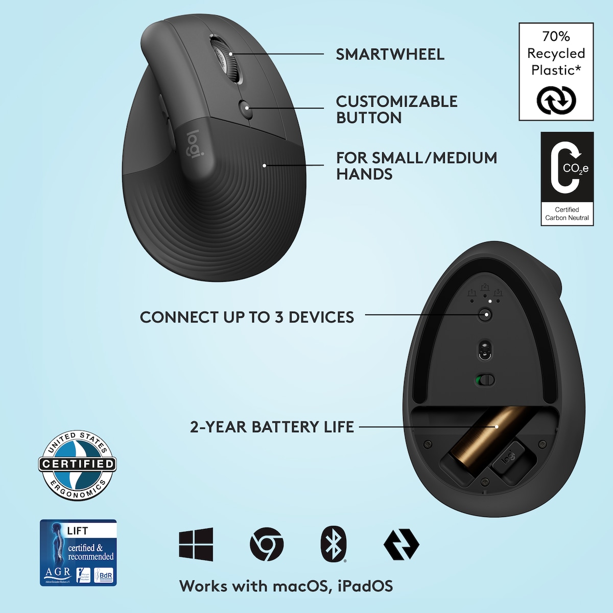 Logitech Lift Vertical trådløs mus (grafitt)