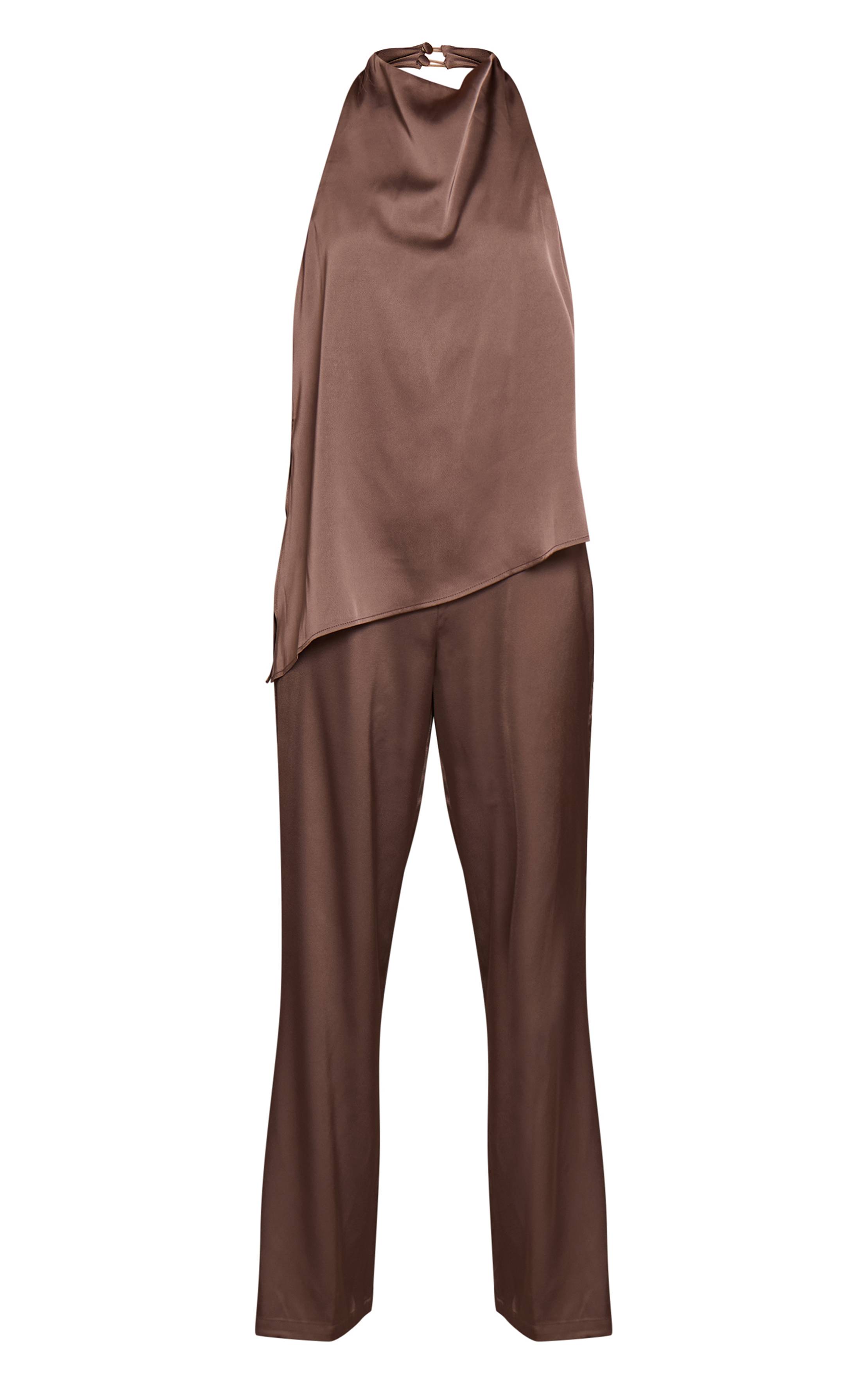 Marron Combinaison-pantalon Satinée Drapée À Col Licou Et Jambes Larges