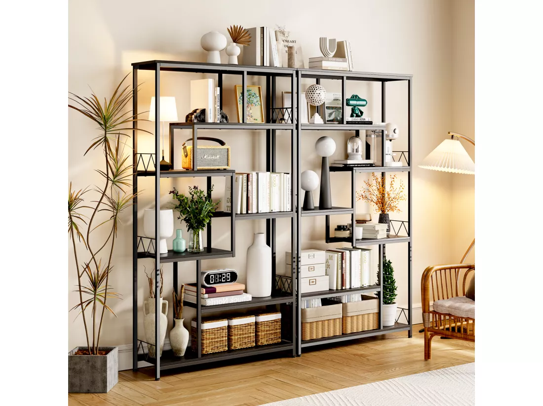 Bibliothèque Bealife Étagère de Rangement 7 Niveaux Cadre en Métal Pied Réglable 100 x 30 x 180 cm Noir
