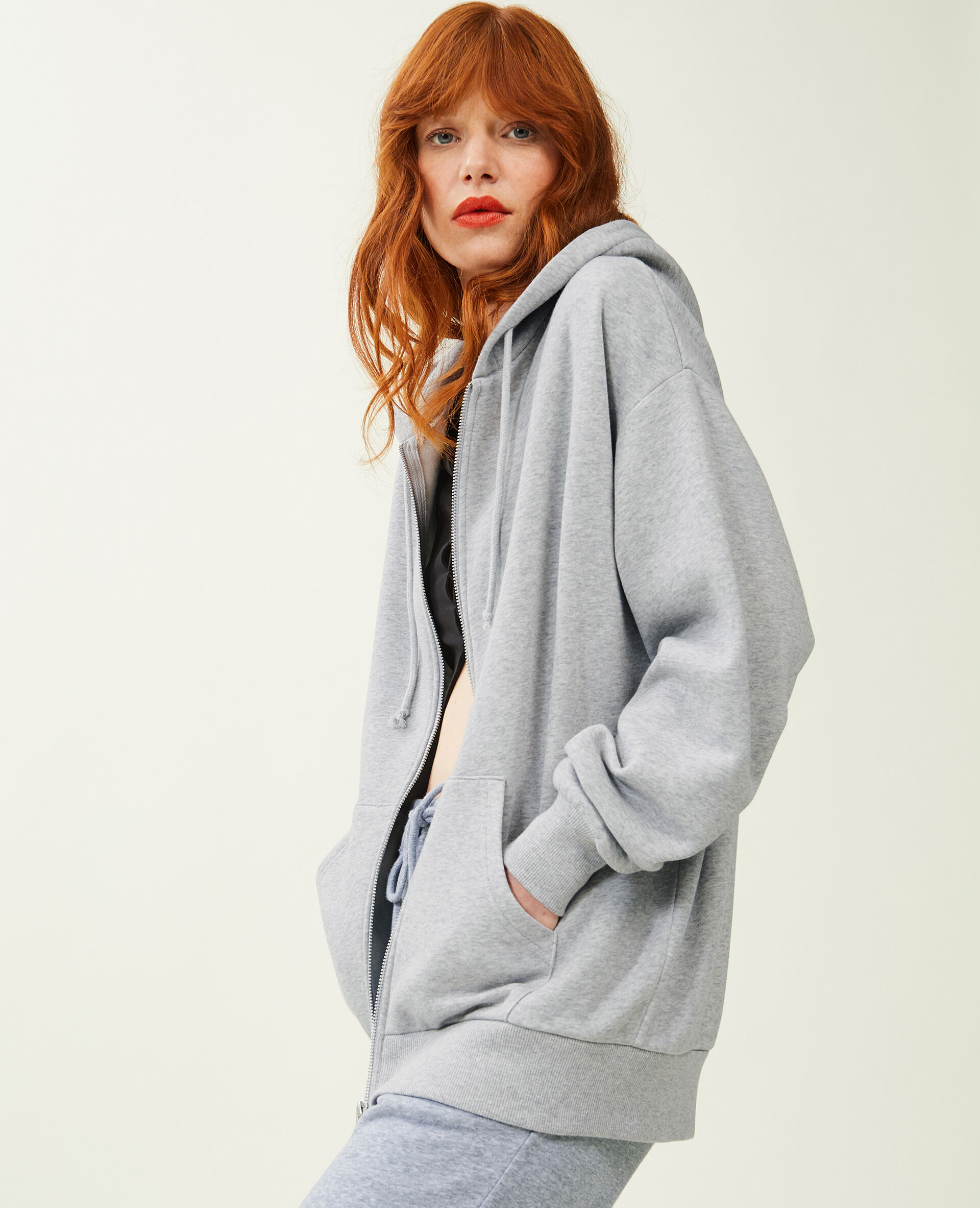 Sweat zippé oversize avec capuche - Gris chiné