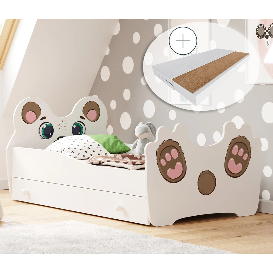 Kids Collective Kinderbett Jugendbett 80x160 cm mit Matratze, Schublade und Lattenrost, MDF-Holz weiß - Katzenmotiv