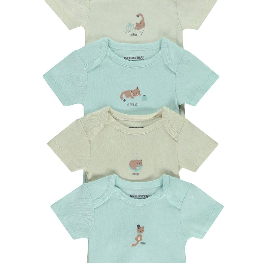 Lot de 7 bodies manches courtes print chat pour bébé - Ecru