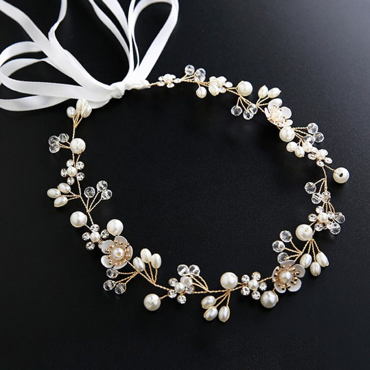 Stirnband Haarschmuck Braut Frisur Kette Strass / Perlen Band Kopfschmuck - Gold / Weiss