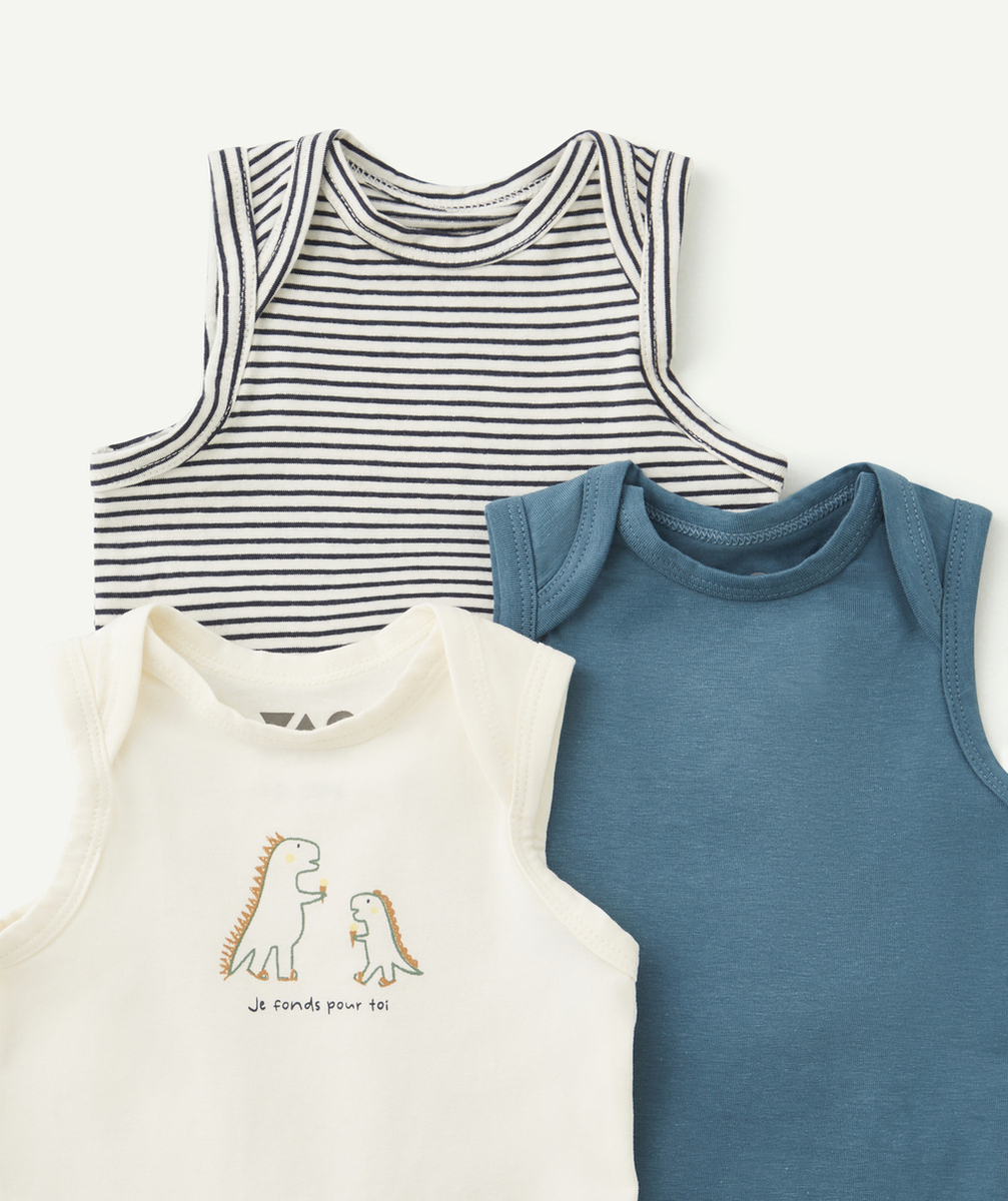 LOT DE 3 BODIES EN COTON BIO SANS MANCHES UNIS ET IMPRIMÉS