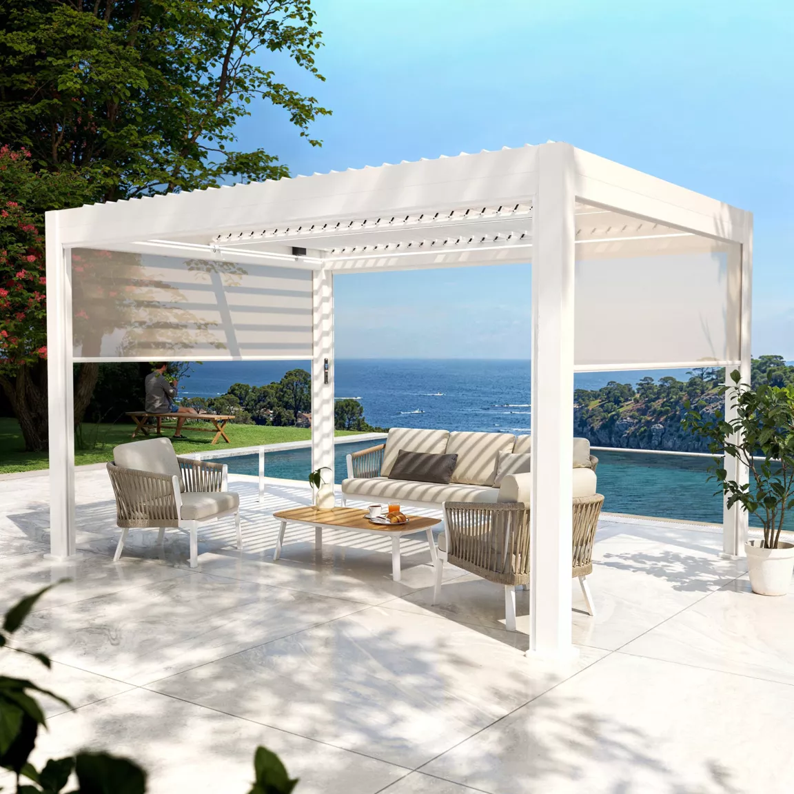 Lot de 4 rideaux motorisés pour pergola bioclimatique autoportée (3 x 4 m) Blanc