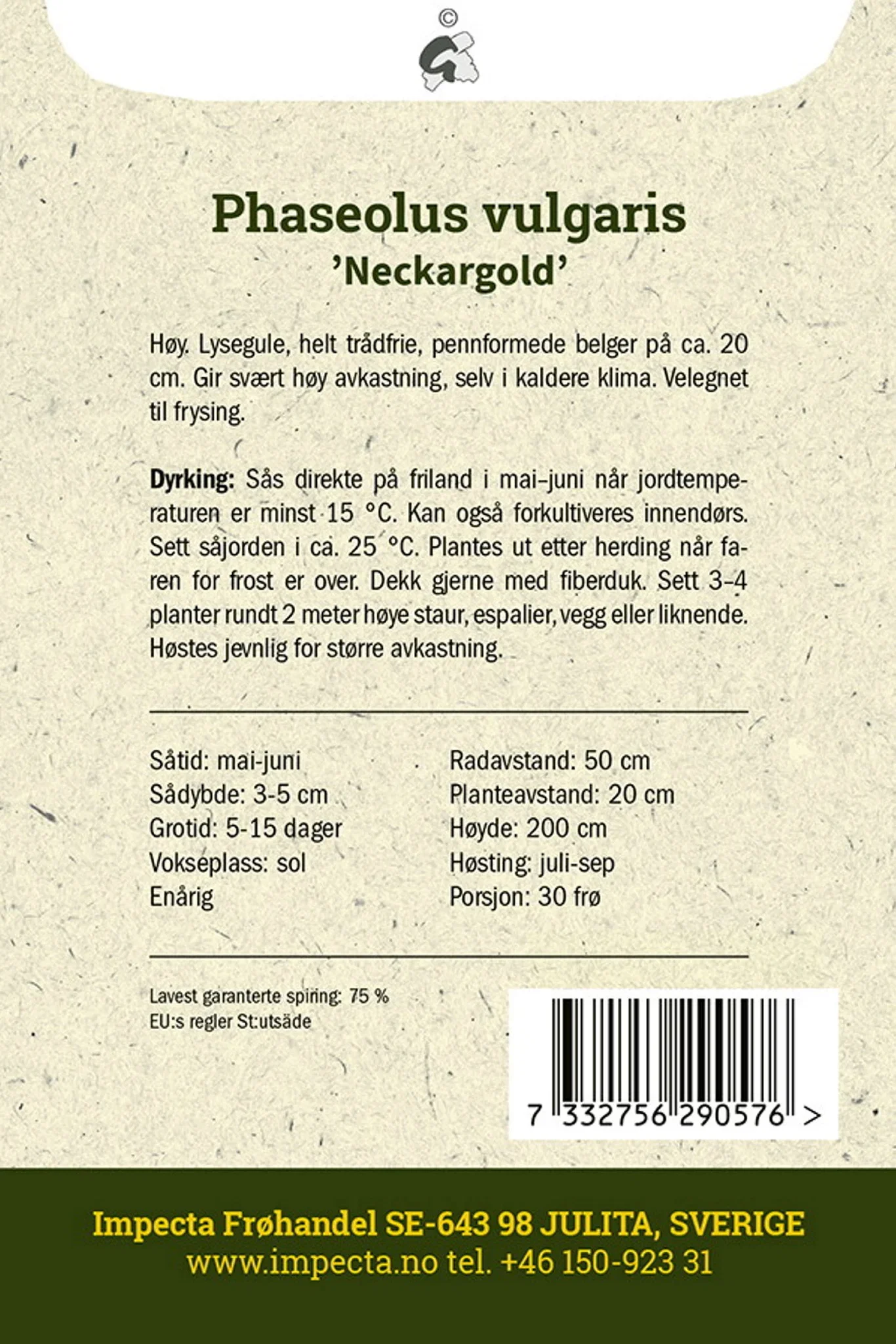 Phaseolus vulgaris 'Neckargold' Stangvoksbønne 'Neckargold'