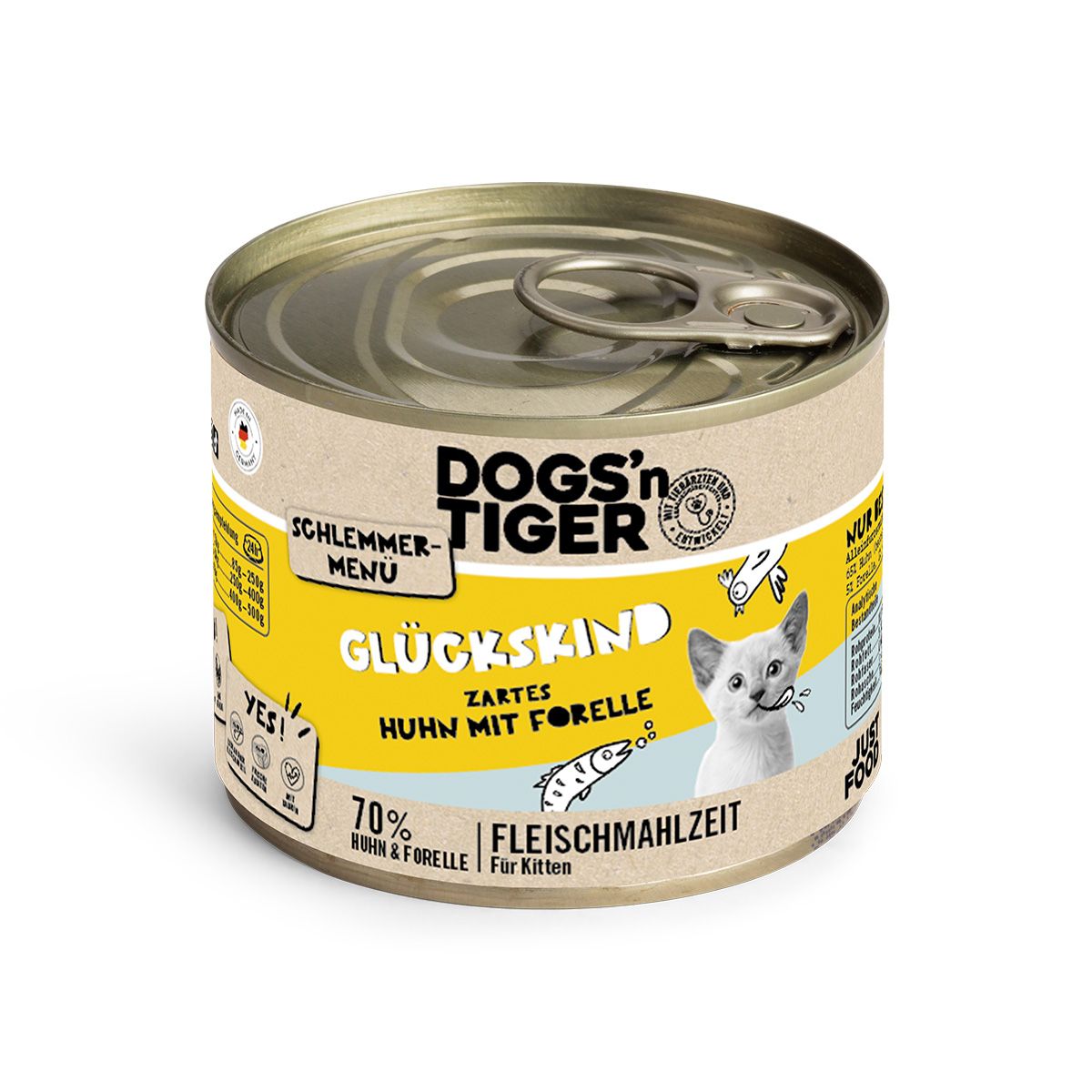Dogs’n Tiger Junior, Kitten, Nassfutter, Katzenfutter, Getreidefrei, Glückskind, Huhn & Forelle