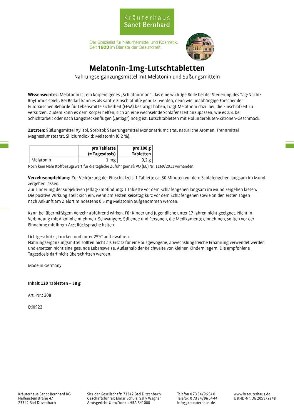Sanct Bernhard Melatonin-1 mg-Lutschtabletten