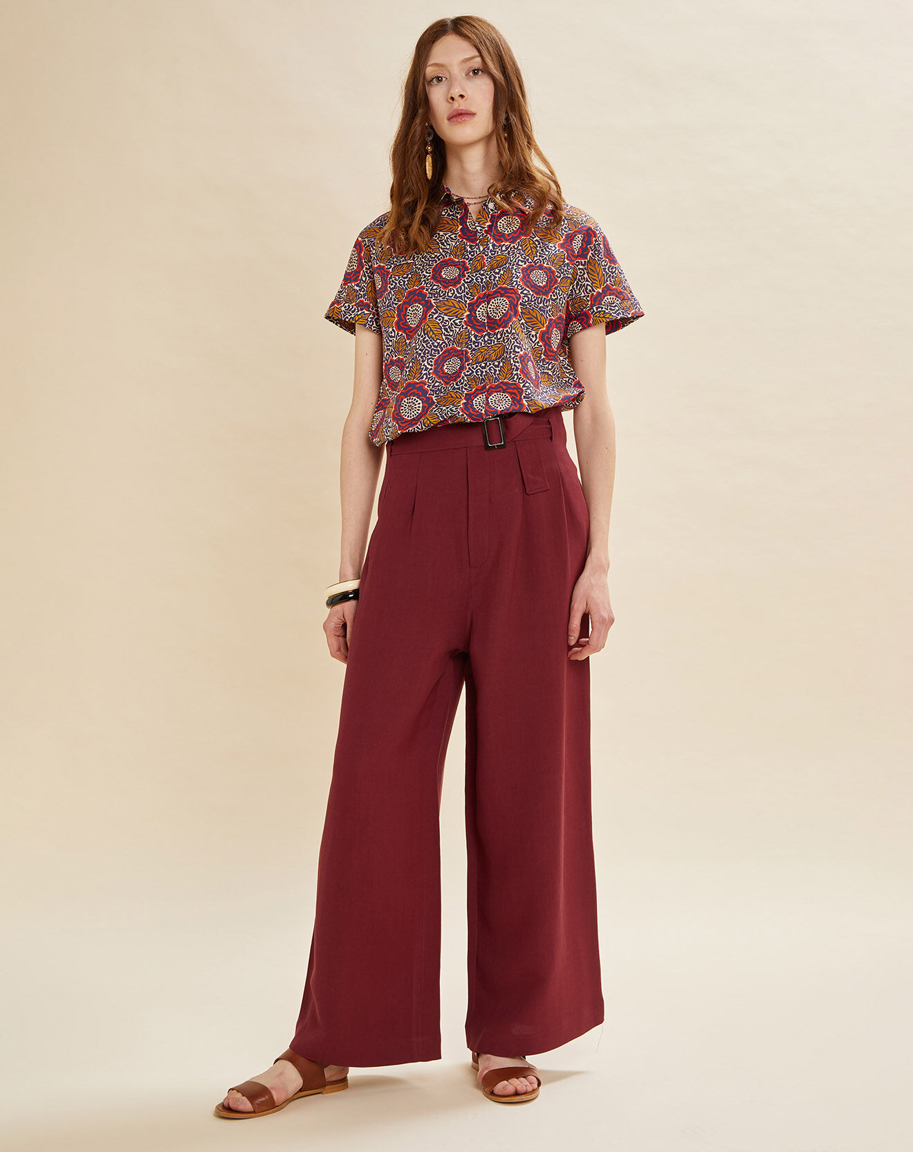 Chloé Stora Pantalon en Lin mélangé Raby bordeaux