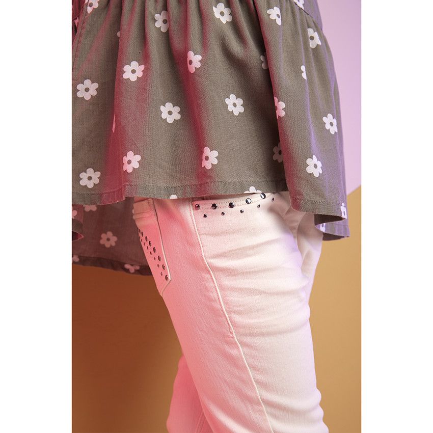 Jean slim uni en denim avec rivets décoratifs pour fille - Ecru