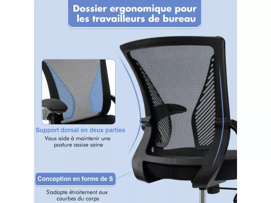 Chaises de Bureau Ergonomique, Chaises de Conférence Pivotante Réglable en Maille avec Accoudoirs Rabattables, Dossier à Bascule à 30°, Noir