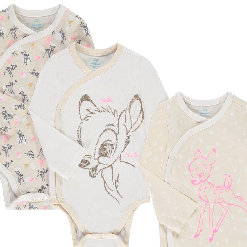 Lot de 3 bodies manches longues en jersey print Bambi Disney pour bébé garçon - Ecru