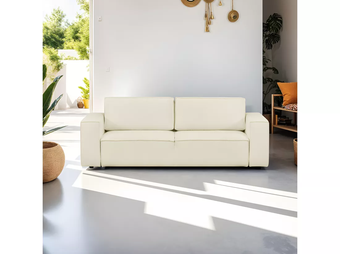 Canapé modulable convertible 5 places avec coffre de rangement en tissu bouclé écru - Harper Mod