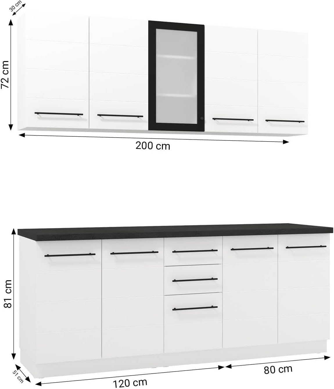 Homestyle4u Küchenzeile 200 cm Weiß, funktionales Küchenmöbel mit Schränken und Stauraum – ohne Elektrogeräte – perfekt für Küche, Wohnküche, Artikel 3162
