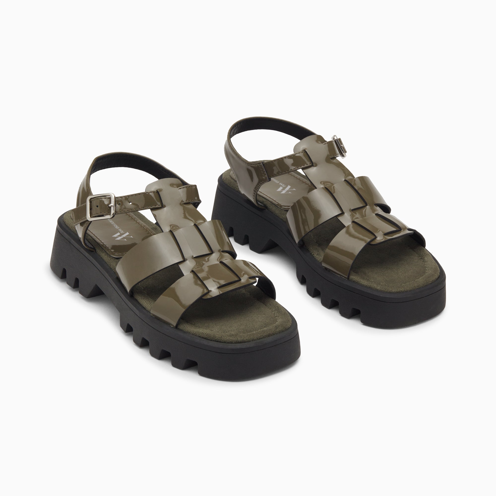 Sandales plates-Sandales Edmée kaki verni à plateforme crantée