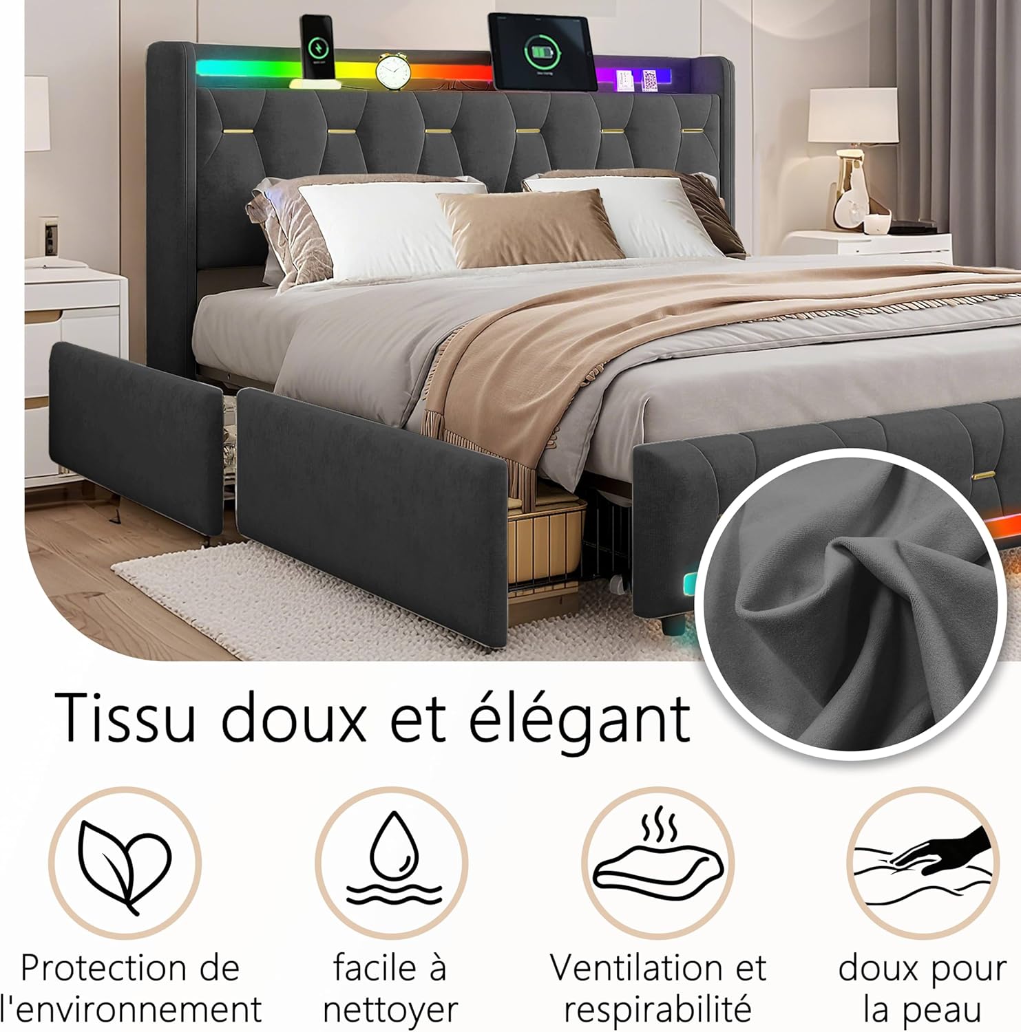 160x200cm Samt Polsterbett mit 4 Staufächern, Bluetooth-Lautsprecher, LED-Beleuchtung & USB/Type-C-Anschlüssen, Plattformbettgestell mit 4 Schubladen und Holzlatten, Grau