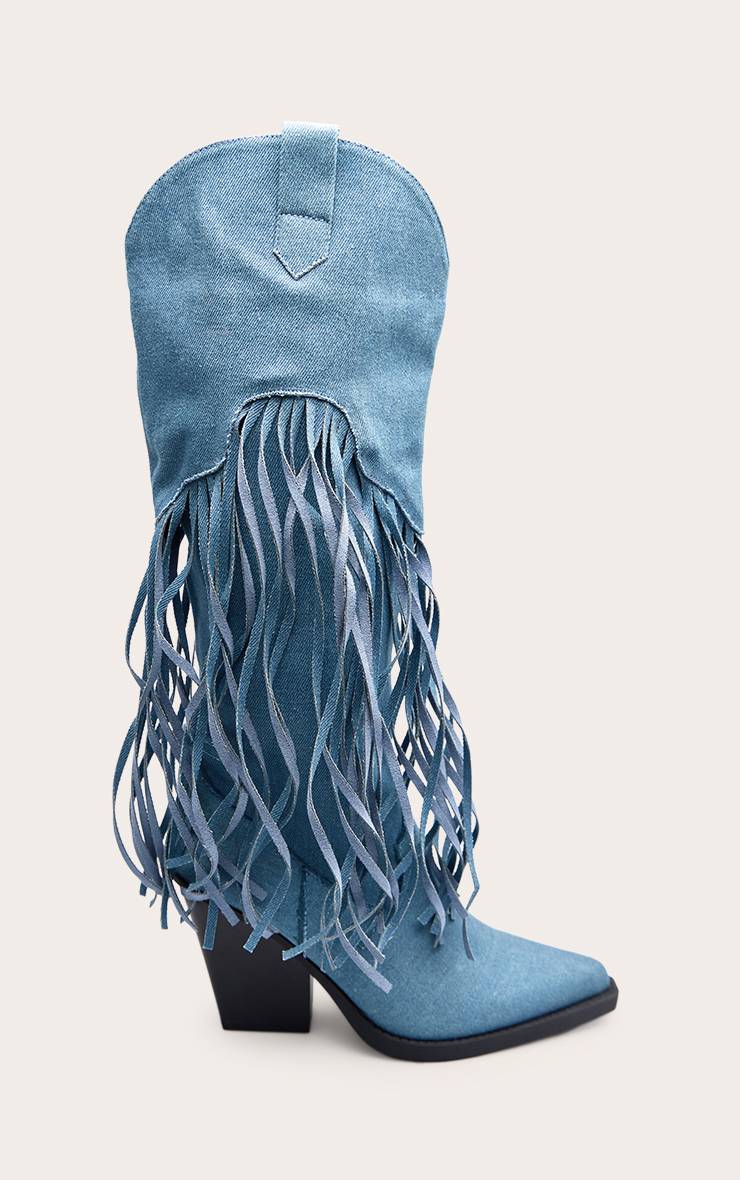 Bleu Denim Bottes Montantes À Franges Et Talon Cubain