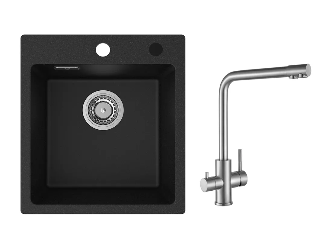 Cecipa MAX 40x45cm Noir Evier de Cuisine en Quartz et Résine Evier 1 Bac + Mitigeur Cuisine pour Sstème D'osmose