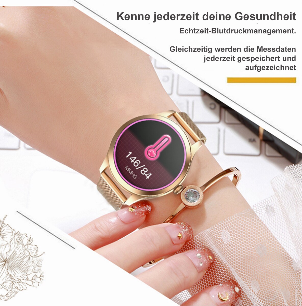 TPFNet Damen Smart Watch / Fitness Tracker IP68 - Milanaise Armband - Android & IOS - Silber
