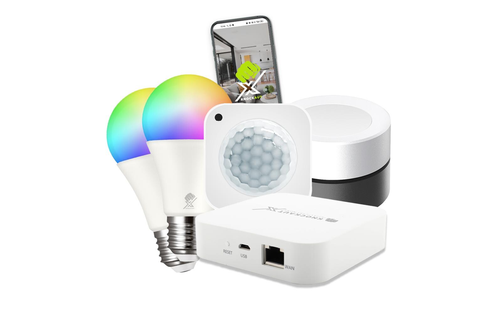 Bundle Smartes Licht mit Bewegungsmelder & Gateway<br>Starter-Set für smarte Beleuchtung bestehend aus:2x LED-Leuchtmittel White & Full Color E27 9W1x Funk-Drehdimmer Weiss/Schwarz1x Bewegungs-/Luxsensor PIR1x Master Gateway TWO