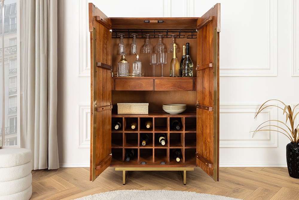 Massiver Barschrank GATSBY 140cm braun Mangoholz gold Metallgestell Retro