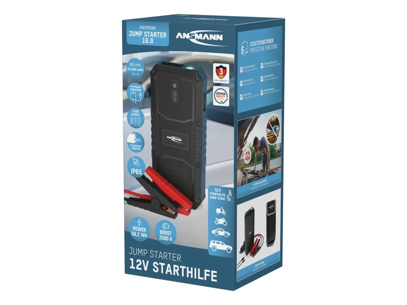 Ansmann Jump Starter 16.0, 2500 A, Sort, Blå, 2500 A, Lithium polymer (LiPo), 4 At, 59,2 Wh