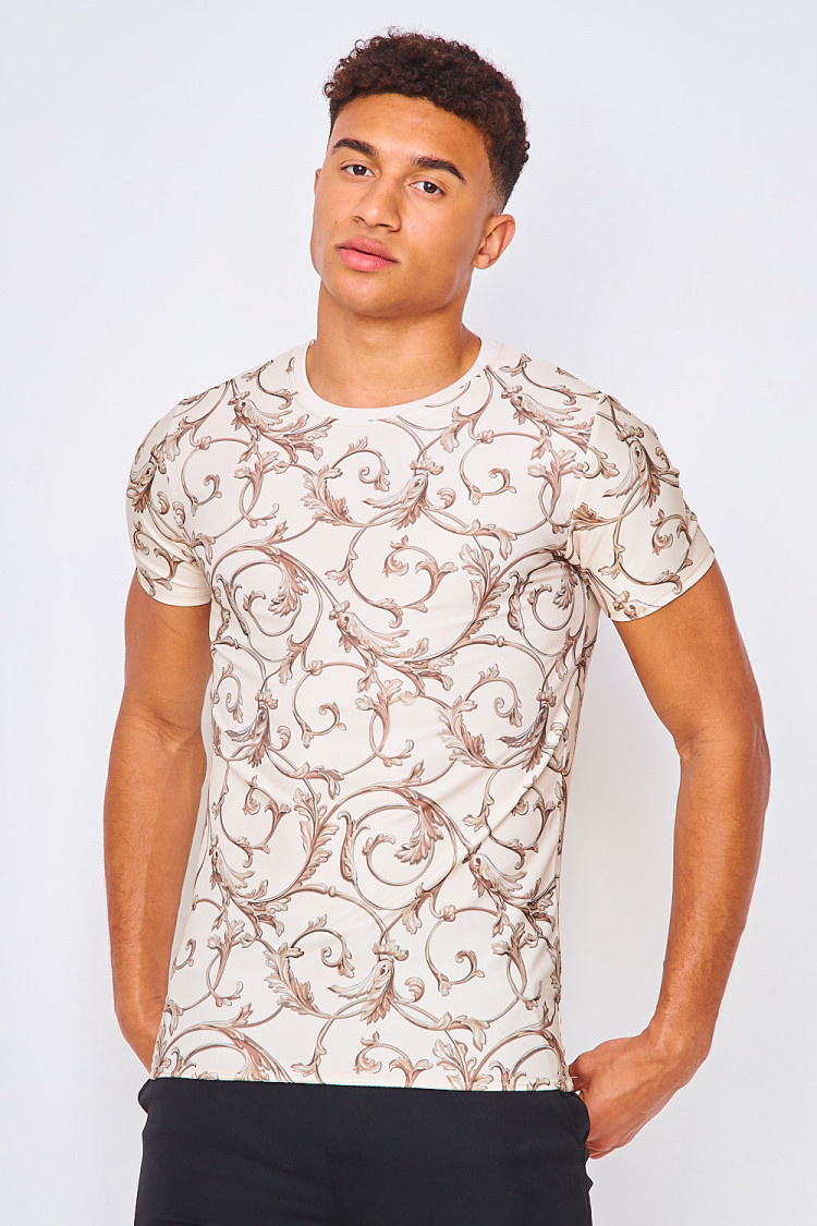 T-shirt beige à imprimé baroque