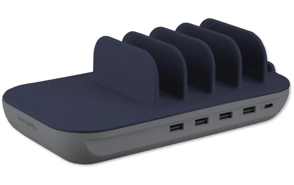 Ladestation Family Evo 63W mit Qi-Ladefläche, Grau/CobaltUniverselle Ladestation mit kabelloser Ladefläche