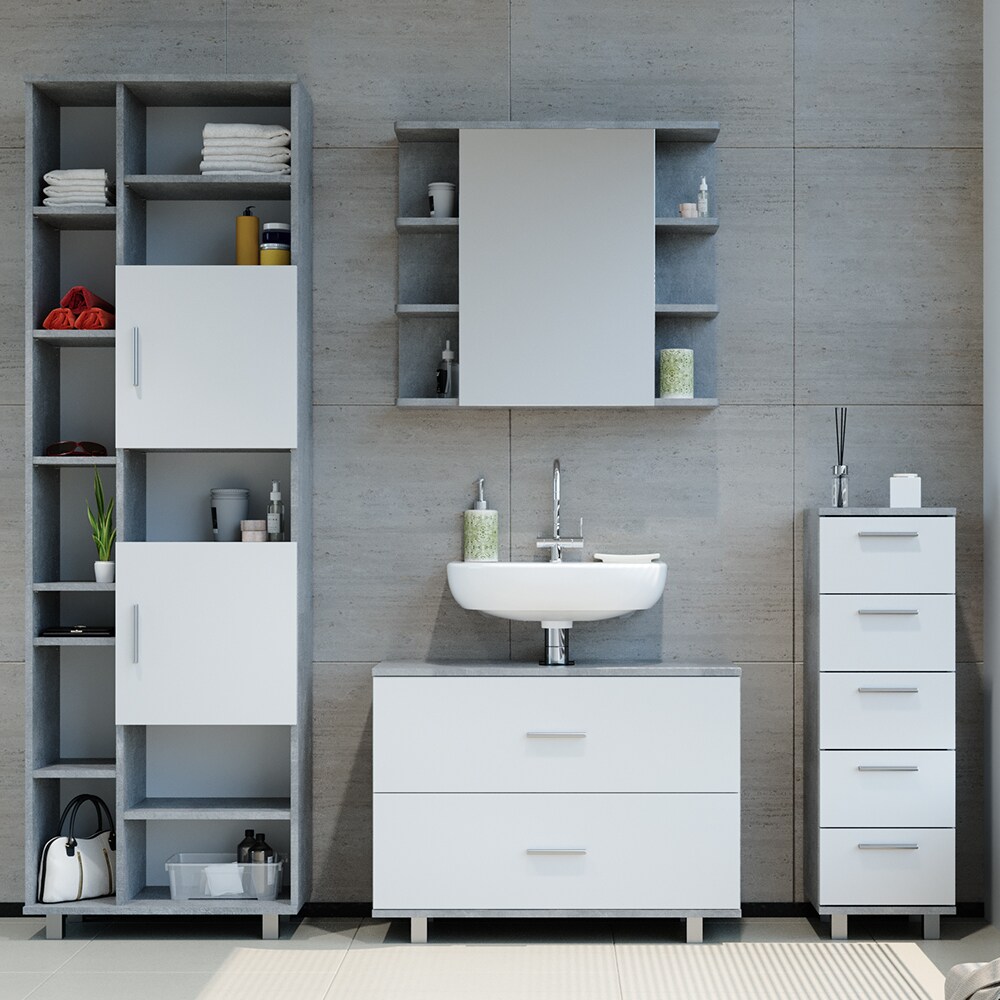VICCO Badmöbel Set ILIAS Weiß Beton Spiegel Kommode Unterschrank Badschrank