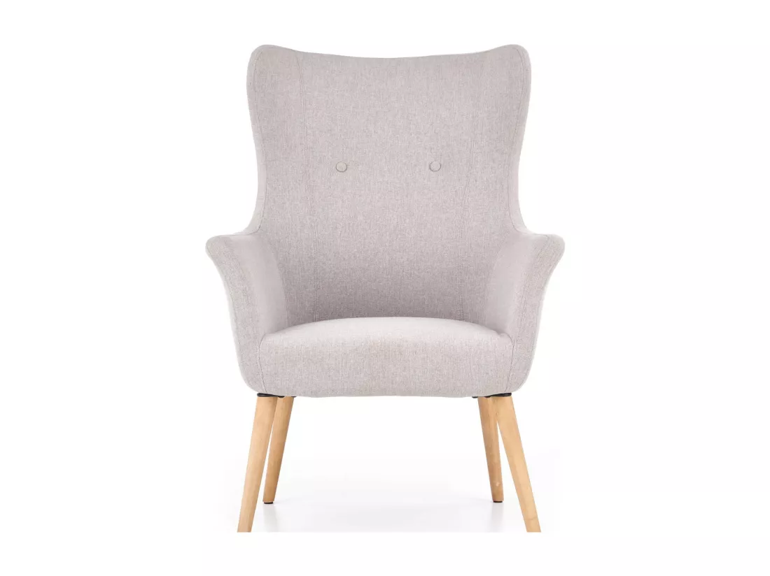 Fauteuil rembourré en tissu gris clair avec dossier haut et pieds en bois de caoutchouc WISH