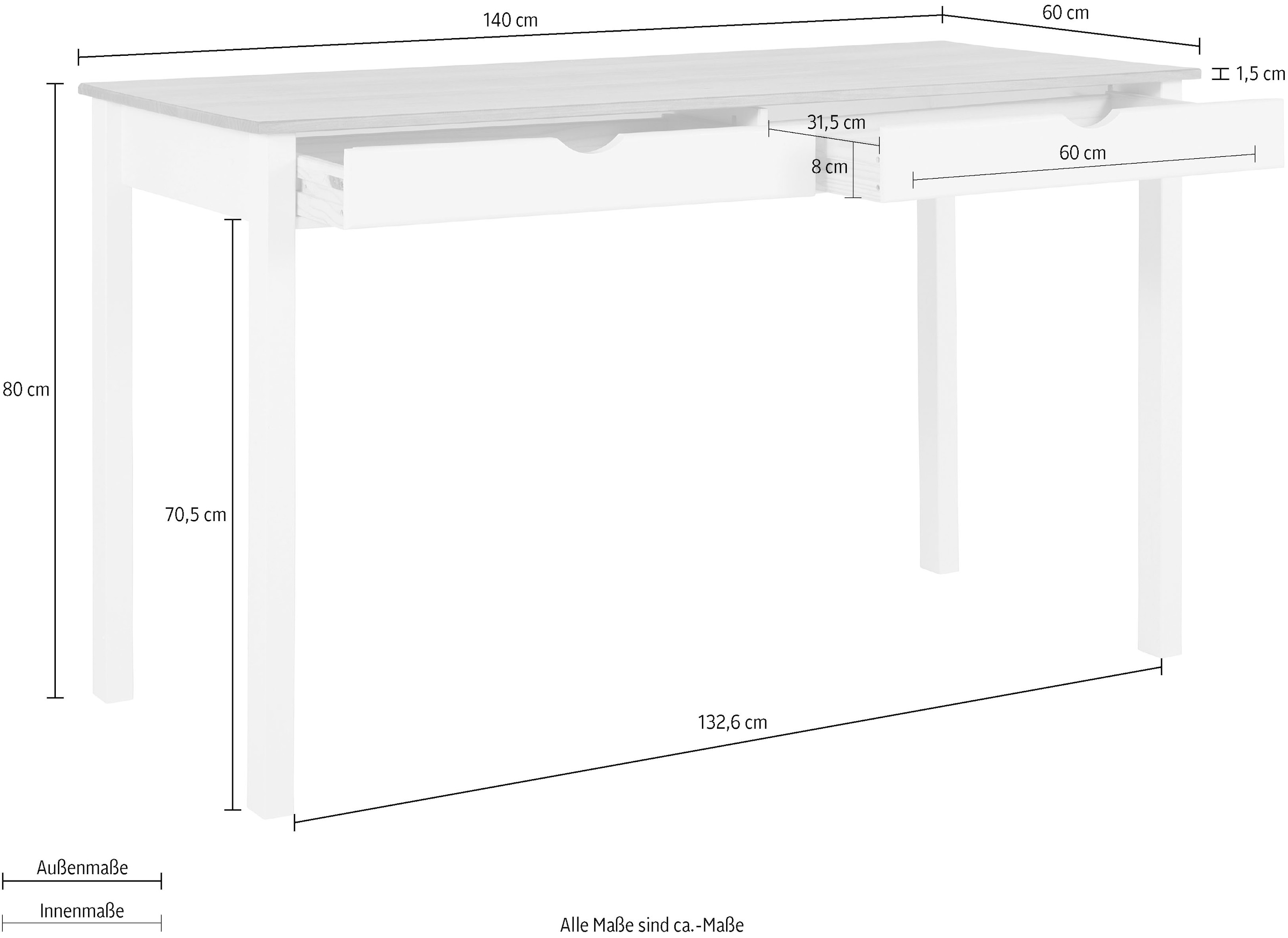INOSIGN Schreibtisch »Gava« aus massiven Kiefernholz, mit praktischen Griffmulden, Breite 140 cm