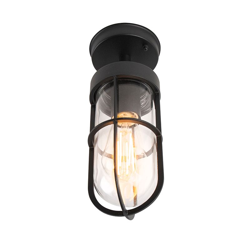 Landelijke buitenplafondlamp zwart met glas IP44 - Elza