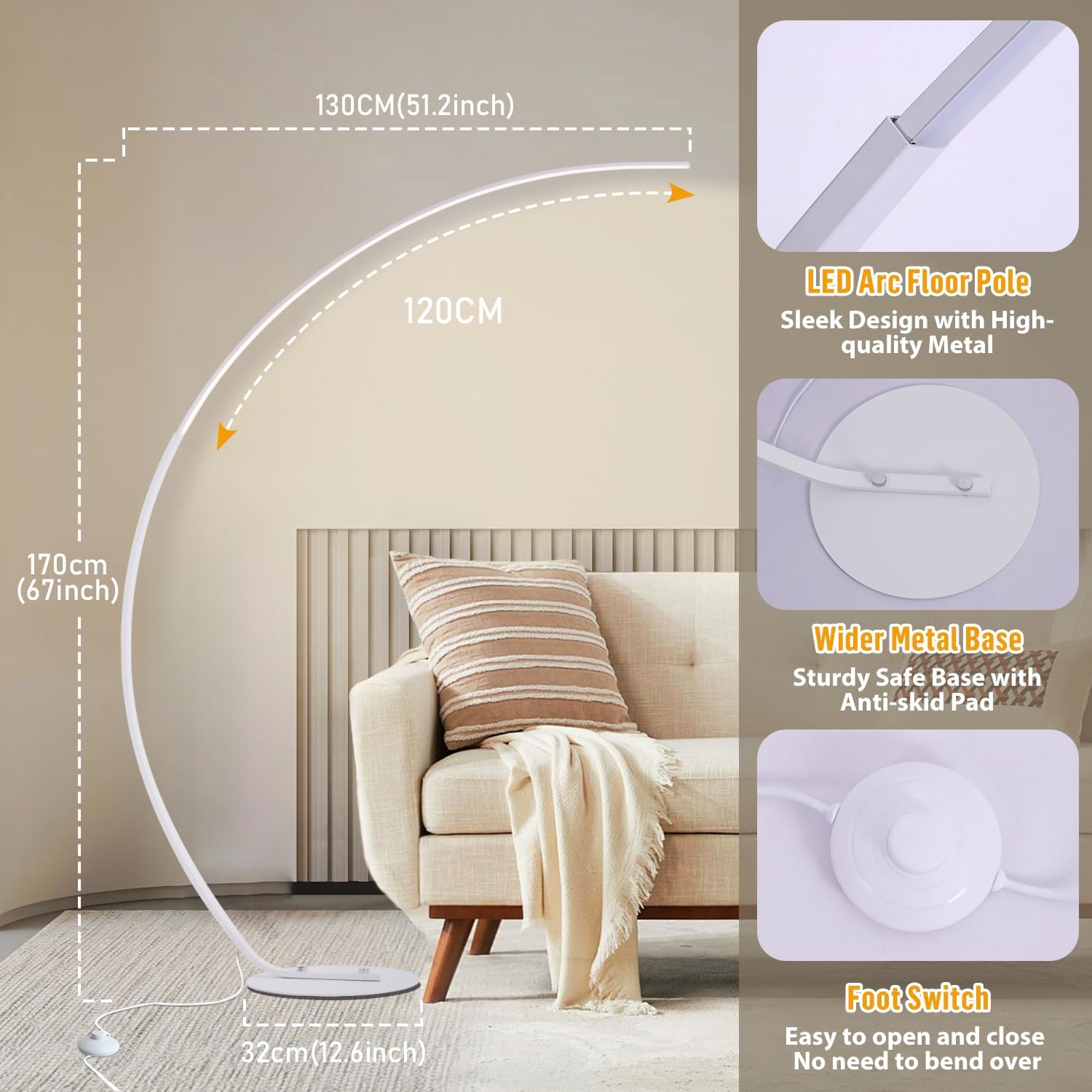 LED Stehlampe Wohnzimmer Bogenlampe, 25W Dimmbar Stehleuchte mit Fernbedienung, Weiß Modern Bogenleuchte 3 Farbtemperaturen & Memory-Funktion, Ecke Leselampe für Sofa Büro Schlafzimmer, 170CM