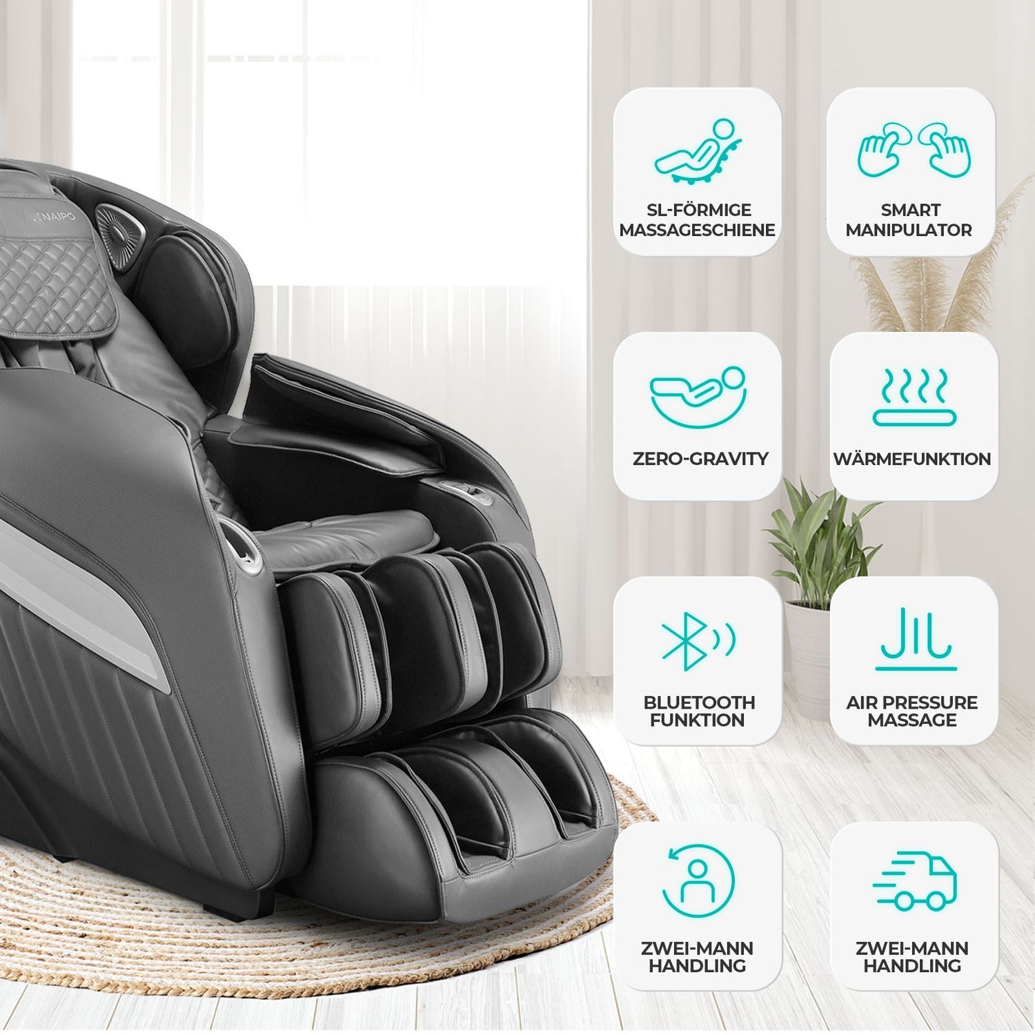 NAIPO Massagesessel Shiatsu Zero-Gravity Massagestuhl Wärmetherapie 3D Surround-Sound USB Schwarz
