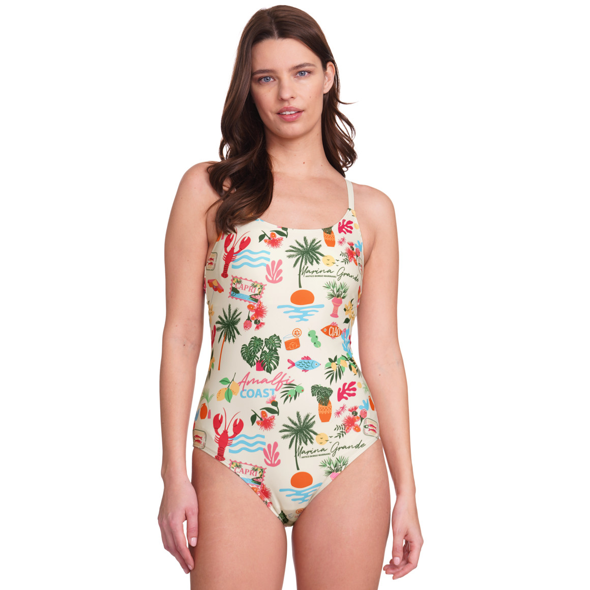 Jonas Nielsen Damen Shape-Badeanzug mit Urlaubs-Muster weiss / bunt