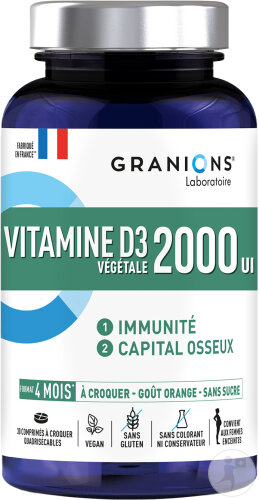 Granions Vitamine D3 2000UI 4 Mois Immunité Et Capital Osseux Végan 30 Comprimés À Croquer