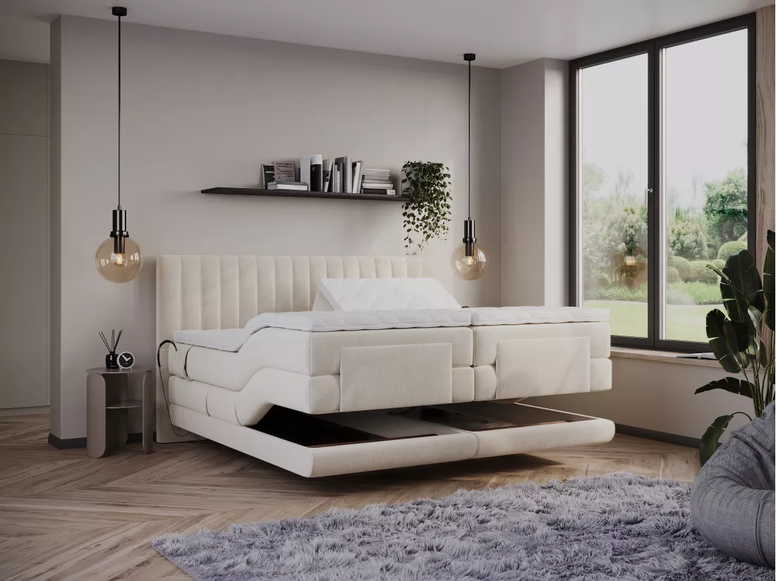 Ensemble complet boxspring tête de lit coutures verticales + sommiers relaxation électrique + matelas + surmatelas - 2 x 80 x 200 cm - Velours - Beige - DONISI de PALACIO