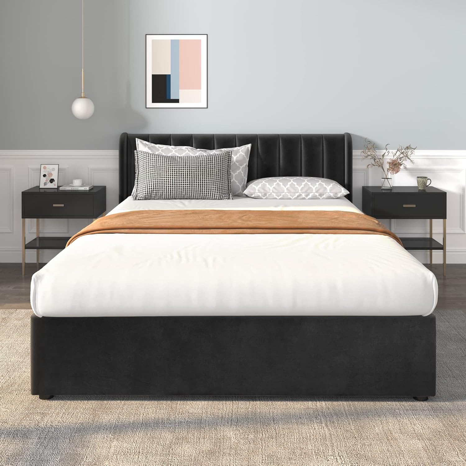 HESHU Polsterbett 180 x 200 cm mit 2 Schublade, Samt Doppelbett mit Stauraum, Bett mit Lattenrost, Kopfteil Rückenlehne, Modernes Bettgestell, Schwarz, ohne Matratze