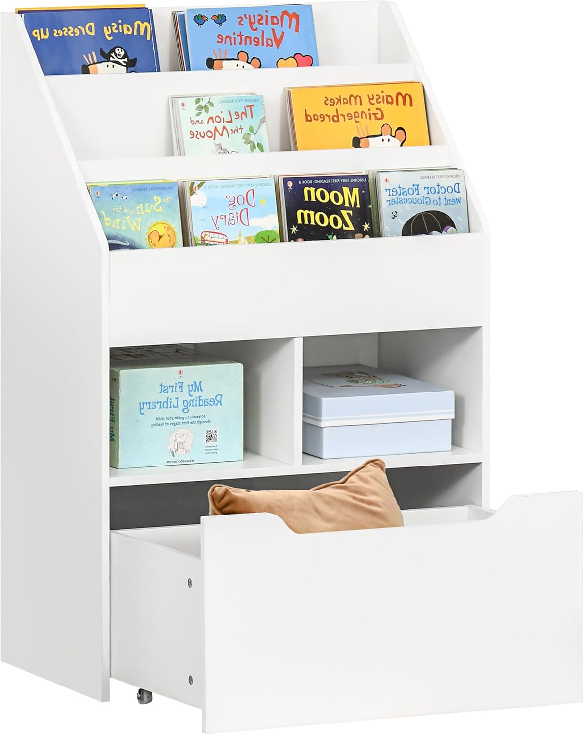 HOMCOM Kinder Bücherregal Kinderregal mit Schublade, 3 Ablagefächern und 2 offenen Fächern, Aufbewahrungsregal für Kinderzimmer, Spielzimmer, Weiß, 60 x 29,9 x 90 cm