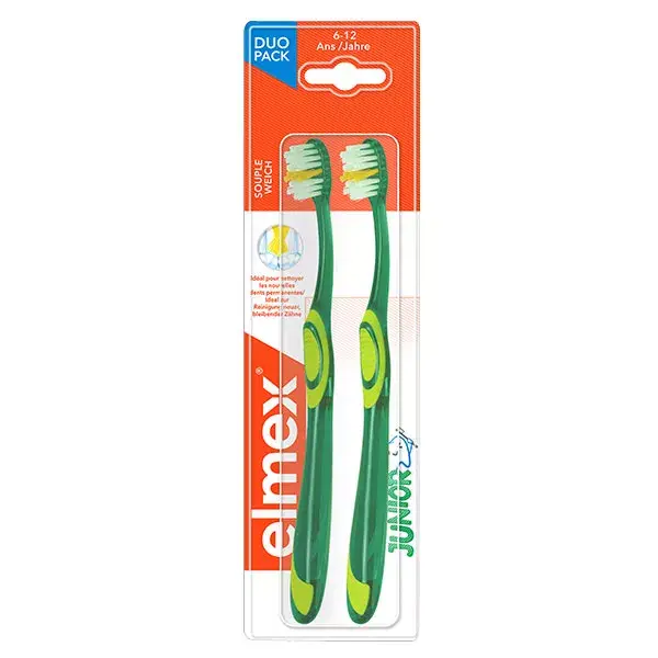 Escova de dentes Elmex Junior Soft para crianças de 6 a 12 anos, pacote com 2 unidades.