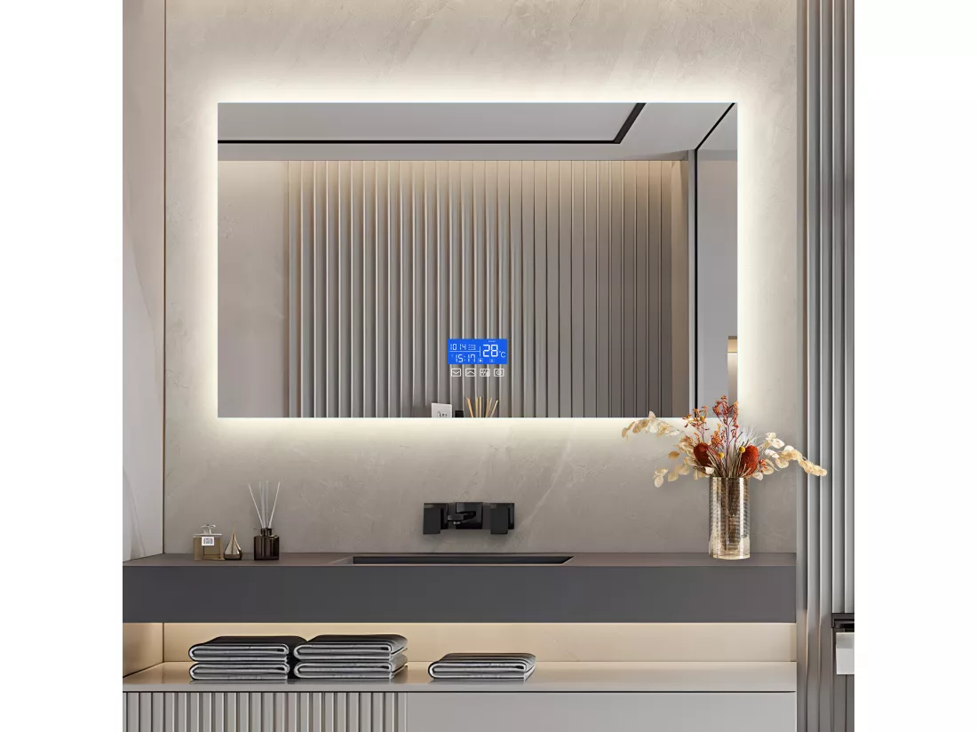 Miroir Salle de Bain avec Éclairage - 120 x 60 cm - Miroir LED Salle de Bain - avec Tactile, Anti-buée, Horloge, Température, Dimmable
