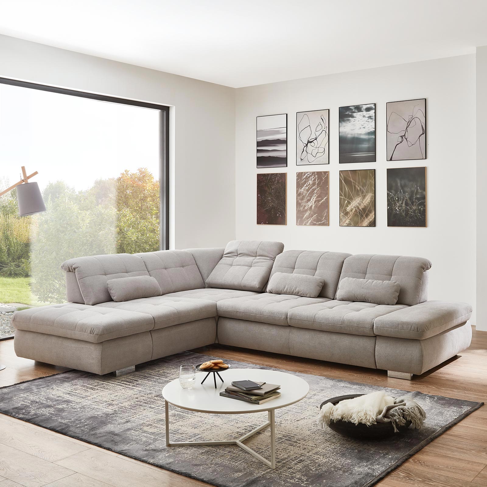 polsterpower Ecksofa - silber - mit Funktionen - Anstellhocker links
