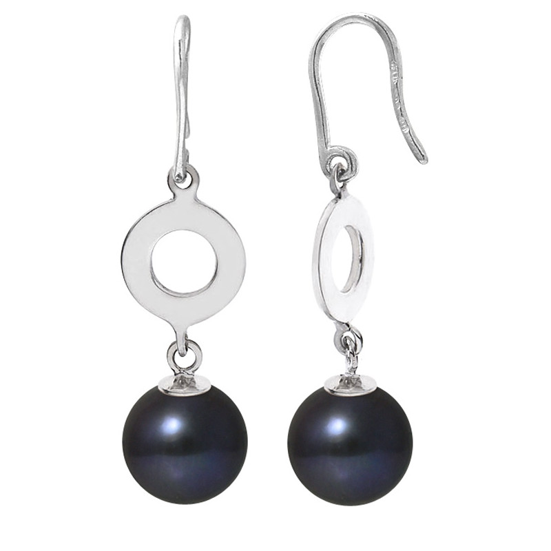 Boucles d'Oreilles Femme Pendantes à crochets Perles de Culture Noires et Argent 925/1000