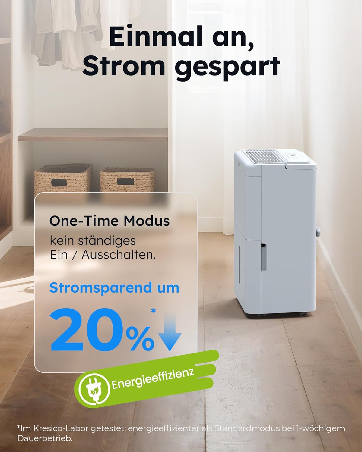 Luftentfeuchter elektrisch 20L/24h, Entfeuchter elektrisch 39dB, Raumentfeuchter für Räume ca. 150m³/50m², mit Ablaufschlauch, Timer, Filter, auto Abtauen, Kältemittel R290, 10 J. Gar.